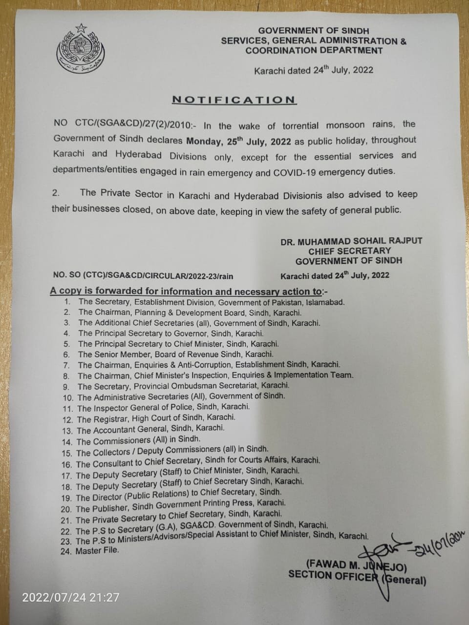 Public Holiday in Karachi and Hyderabad on 25 July
