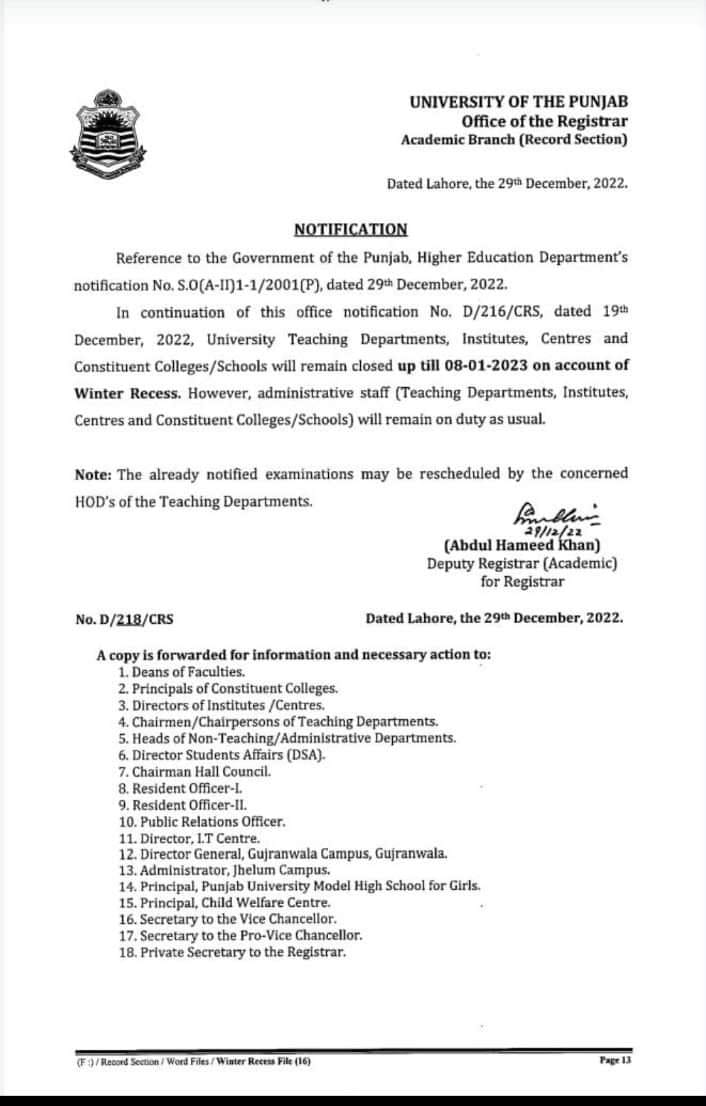 Punjab University Winter Vacation